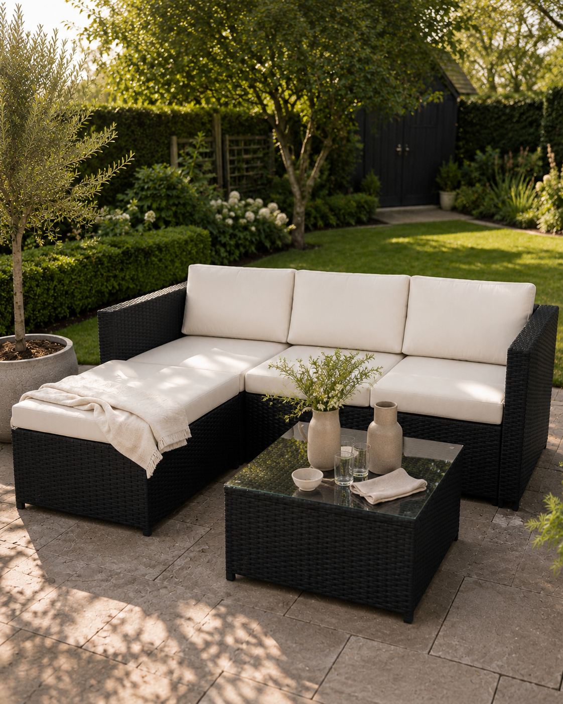 Black – VOLKE Rattan Corner Lounge Set, hero shot