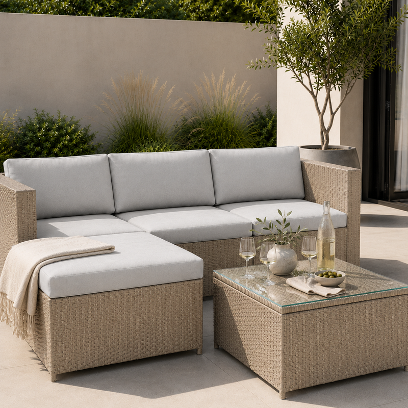 Khaki – VOLKE Rattan Corner Lounge Set, styled with table