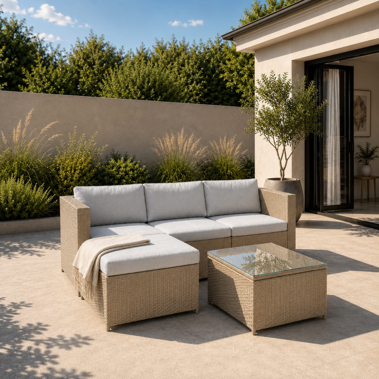 Khaki – VOLKE Rattan Corner Lounge Set, in the garden