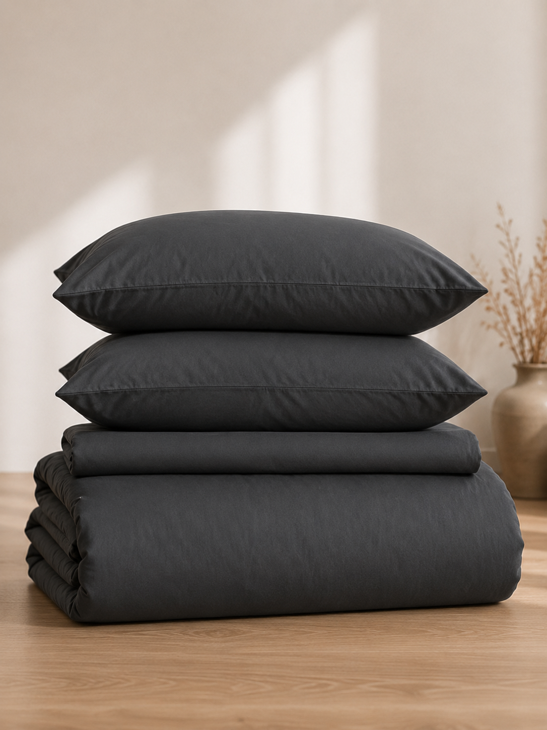 Relaxed cotton bedding set, styled in a bedroom