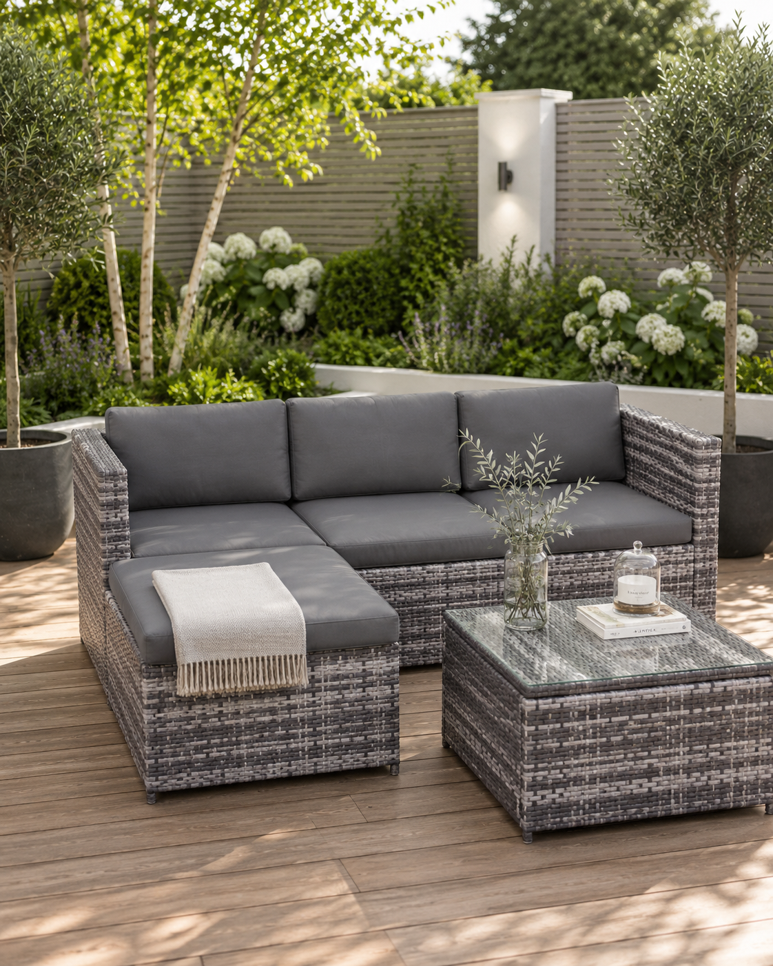 Grey – VOLKE Rattan Corner Lounge Set, in the garden