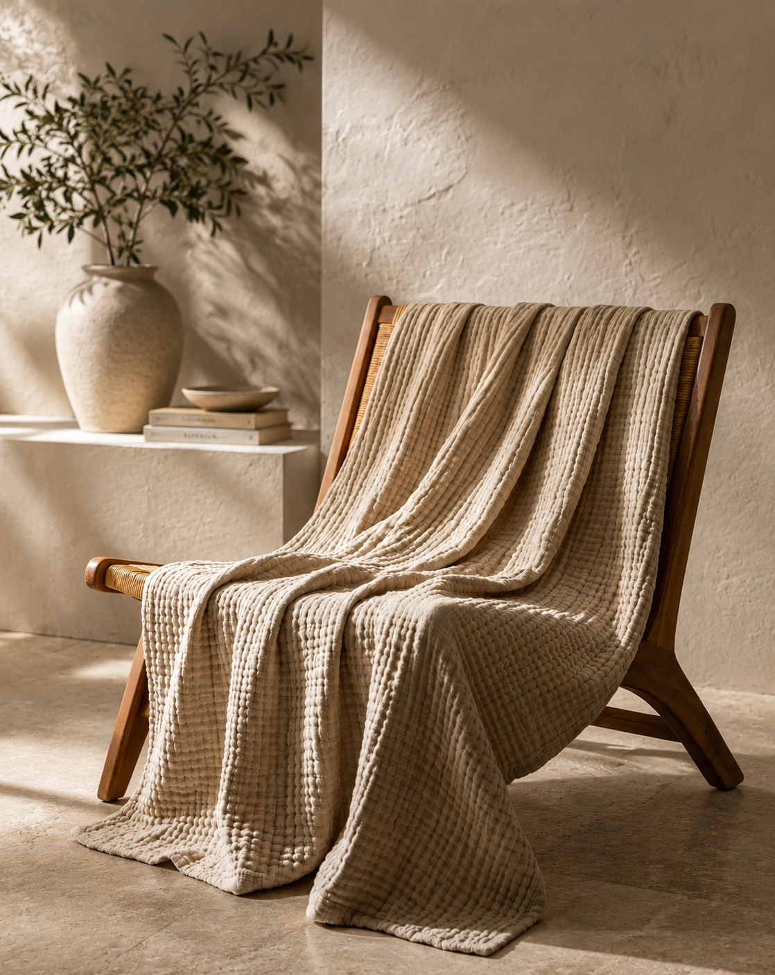 Muslin cotton blanket in oatmeal, draped