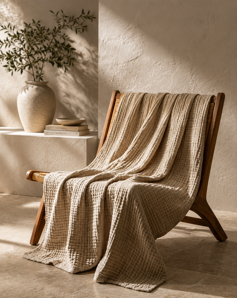 Muslin cotton blanket in oatmeal, draped