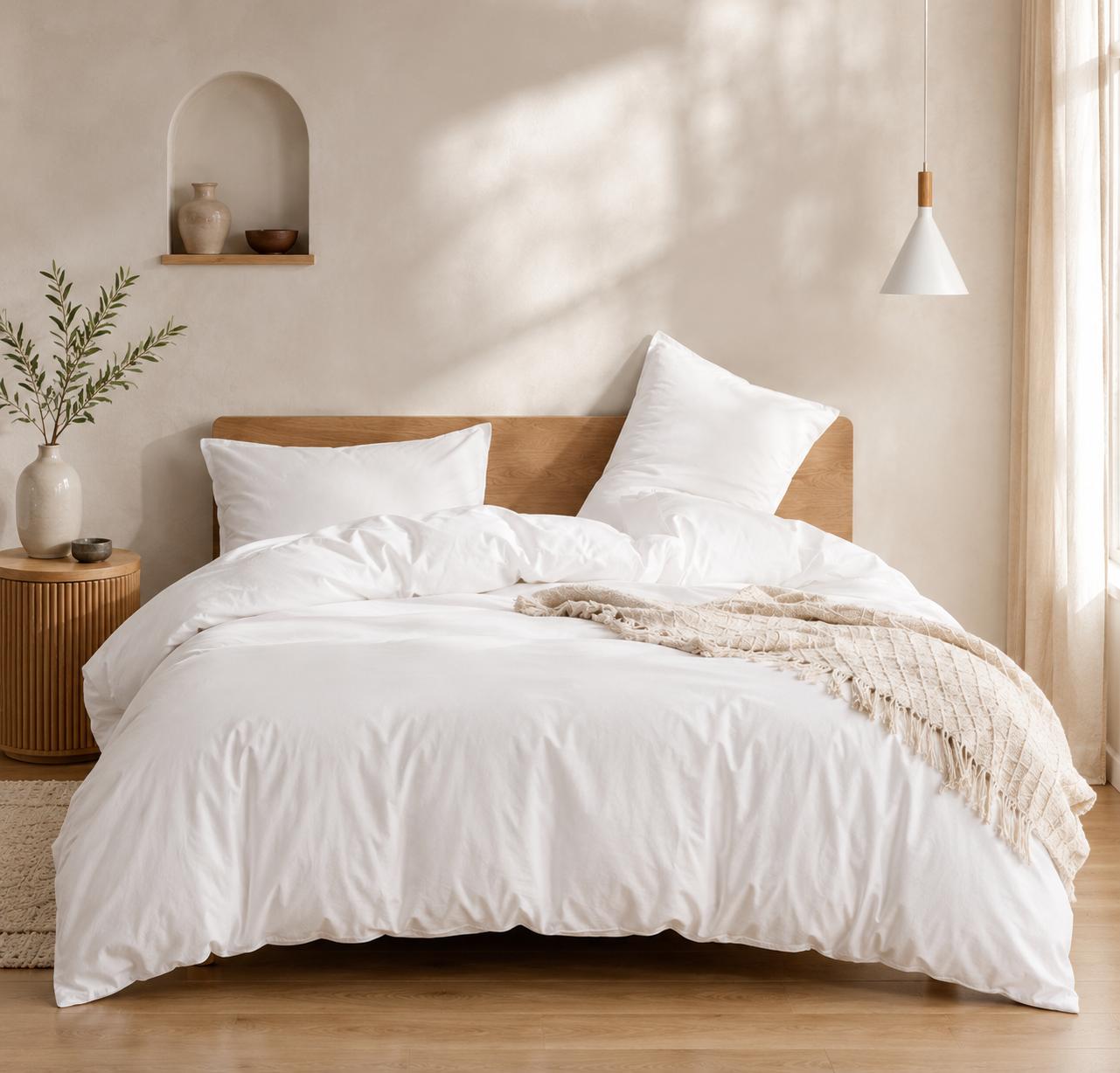 Relaxed cotton bedding set, made up on a bed