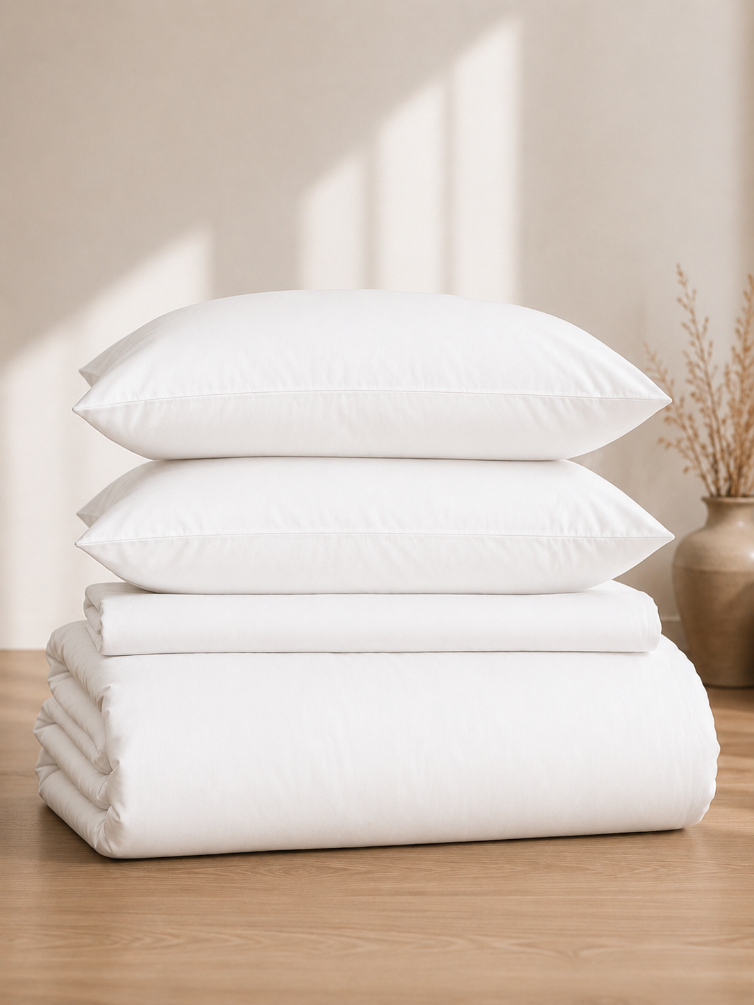 Relaxed cotton bedding set, styled in a bedroom