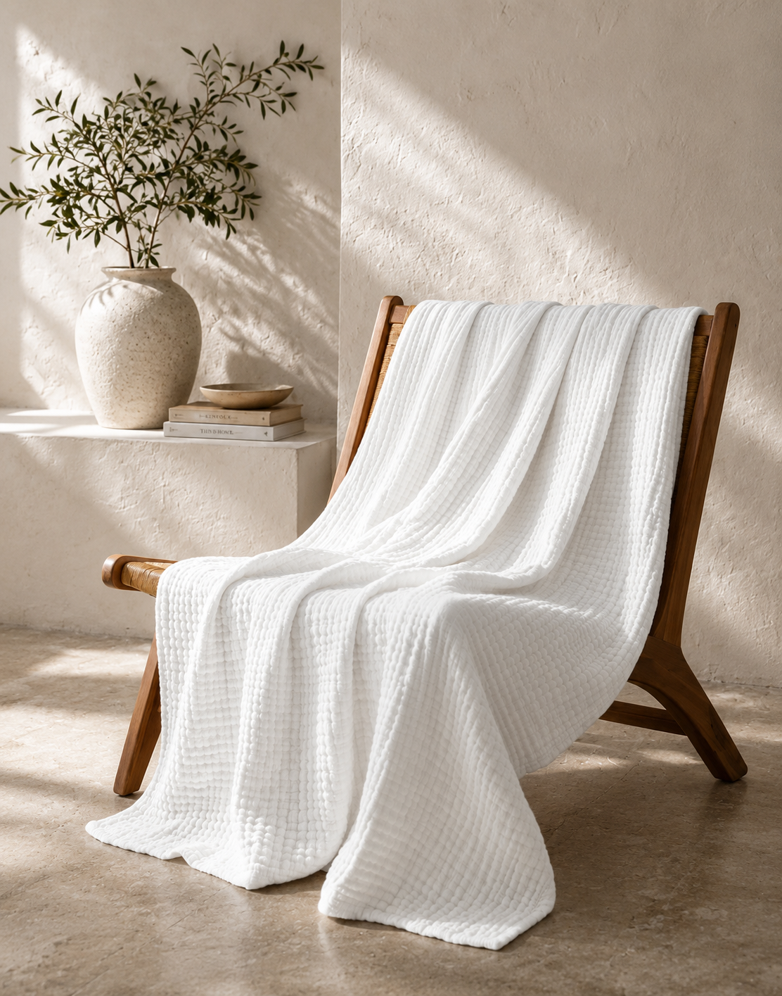 Muslin cotton blanket in white, draped