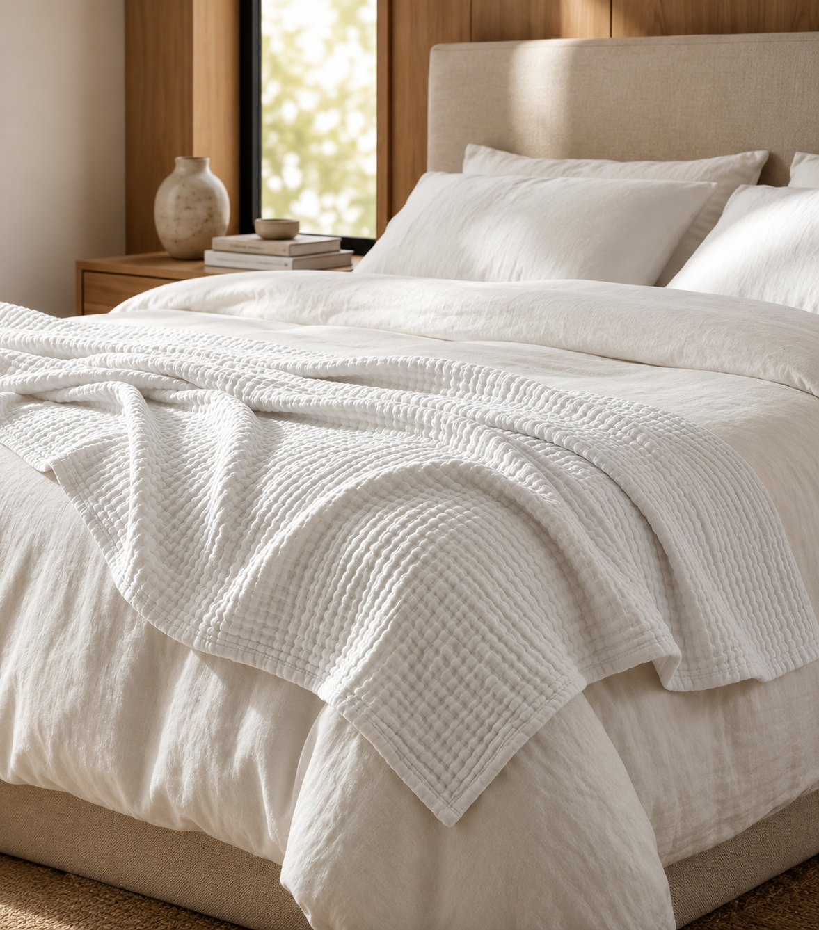 Muslin cotton blanket in white, detail